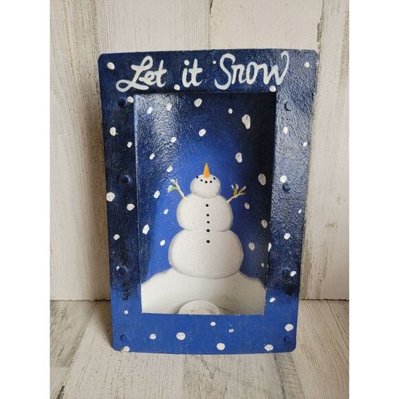 Unique metal tea light Let It Snow snowman candle holder Xmas decor - Picture 1 of 9